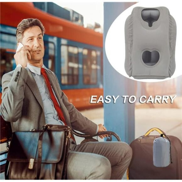 Inflatable Travel Neck Pillow Airplane Sleep Support with Eye Mask Earplugs - Picture 7 of 8